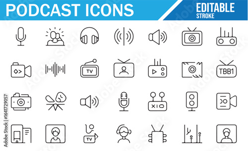 Set of podcast and media icons, including microphones, speakers, and recording devices