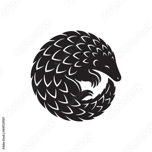 Pangolin Rolling Up into a Ball - Black and White Vector Illustration