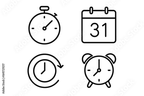 Set of 4 Time and Clock Web Icons in Line Style for Time Management, Timer, Speed, Date, Countdown, Alarm, Recovery, Clock, Watch, and Calendar Vector Graphic