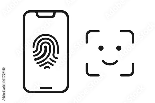Touch ID and Face ID mobile phone vector icon set, biometric identification technology, fingerprint scanner and facial recognition system, secure authentication symbols, vector illustration