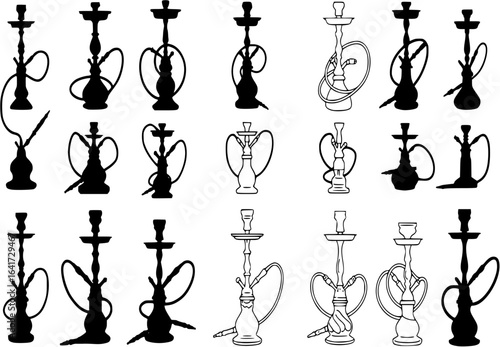 Hookah icon set black silhouette, outline style. Arabic hookahs collection of design elements, logo. Isolated on white background. Lounge bar logos concept. Vector illustration