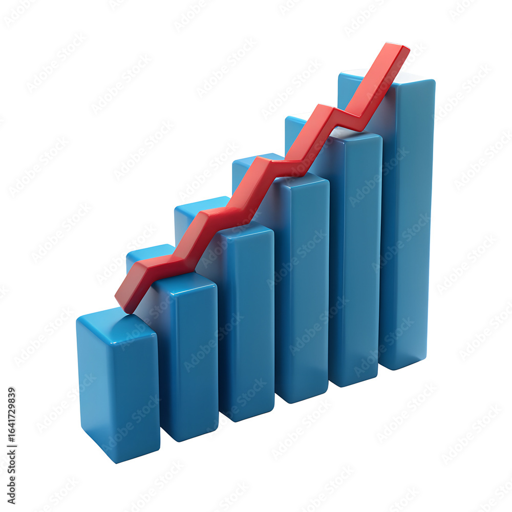 Red arrow descending over blue bar graph Red arrow descending over blue bar graph
