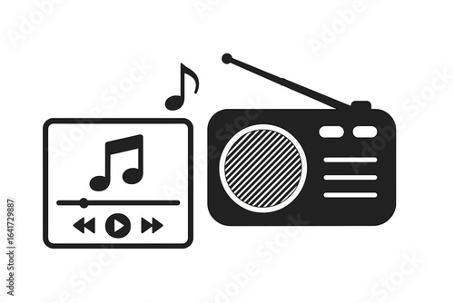 Multimedia video and audio player interface with radio and song controls, modern digital media icons, vector illustration on transparent background for entertainment design