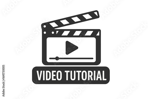 Video tutorial icon emblem label with clapperboard and running online video player button, movie and online cinema design, digital video editor interface, media playback symbol