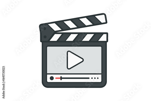 Online video tutorial player icon with clapperboard, media player for webinar, training, education, video editing, film production, digital learning and streaming concept
