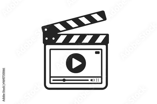 Online video tutorial player icon with clapperboard symbol, media player for webinar training, education tutorial, video editor and film production concept, digital learning