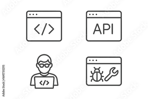 Web development icon set with 4 linear style developer icons including code, API, programmer coding, app flow, node connection, web coder, and bug fixing for web and mobile apps