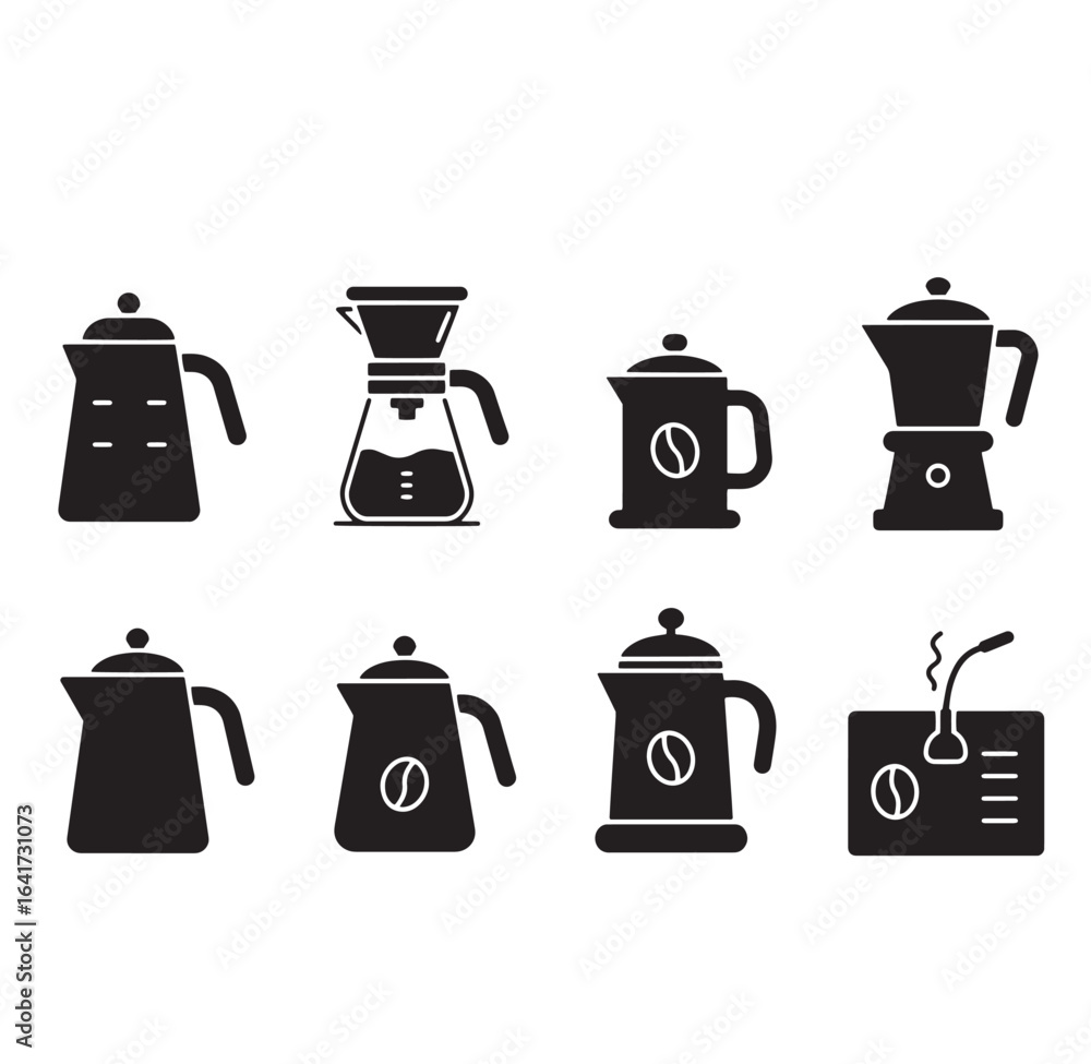 Simple black and white coffee equipment silhouettes for cafes and home brewing designs Simple black and white coffee equipment silhouettes for cafes and home brewing designs