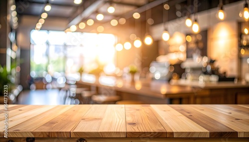 Empty wooden table top with a blurred view of a cozy coffee shop or restaurant interior, featuring warm bokeh lights in the background