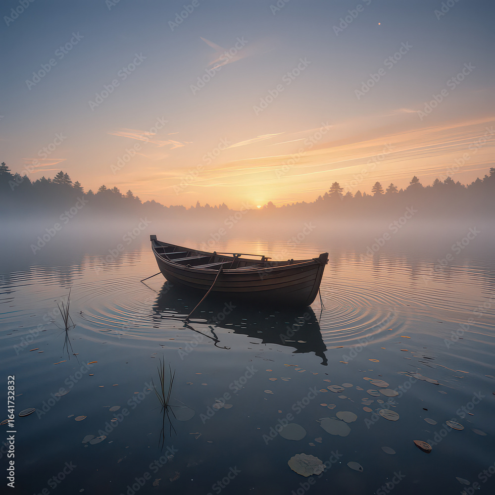 A wooden rowboat on a misty lake at sunrise with trees in the background A wooden rowboat on a misty lake at sunrise with trees in the background