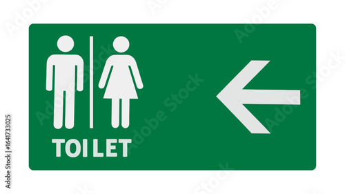 Green public toilet directional sign with male and female icons and a left arrow, indicating the way to the restroom.
