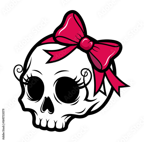 A cute cartoon skull with a feminine pink bow and pretty eyelashes, a girly gothic icon for fashion, Wq.ai design.