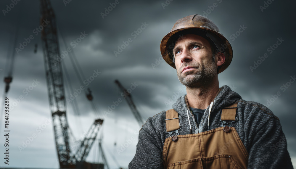 Fototapeta premium A construction worker gazes into the distance, wearing a hard hat and overalls, while cranes loom in the background under dark clouds