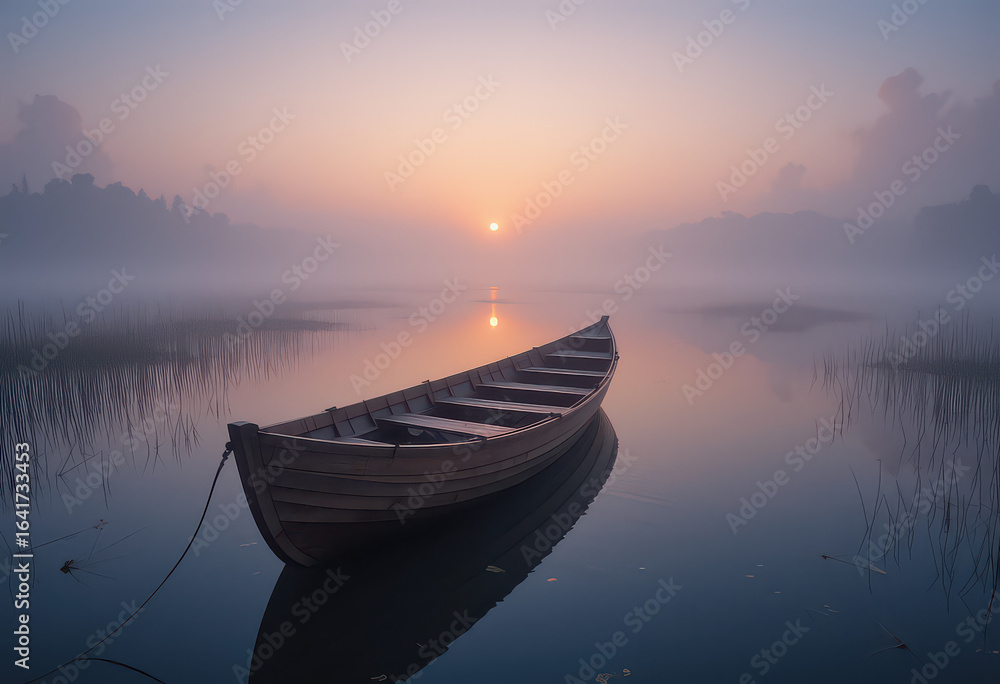 A wooden boat on a misty lake at sunrise with a calm and peaceful scene A wooden boat on a misty lake at sunrise with a calm and peaceful scene