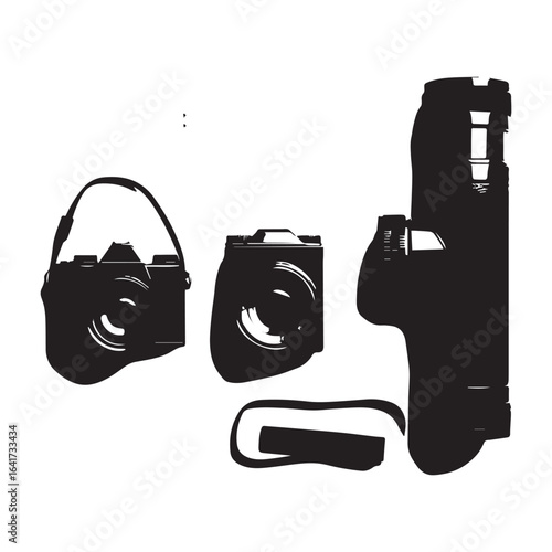 Vector art of collection of vintage and modern cameras, including slr and dslr models, with accessories like straps and handles, isolated on white background