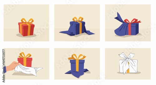 Presents being unwrapped and re-wrapped in different styles  