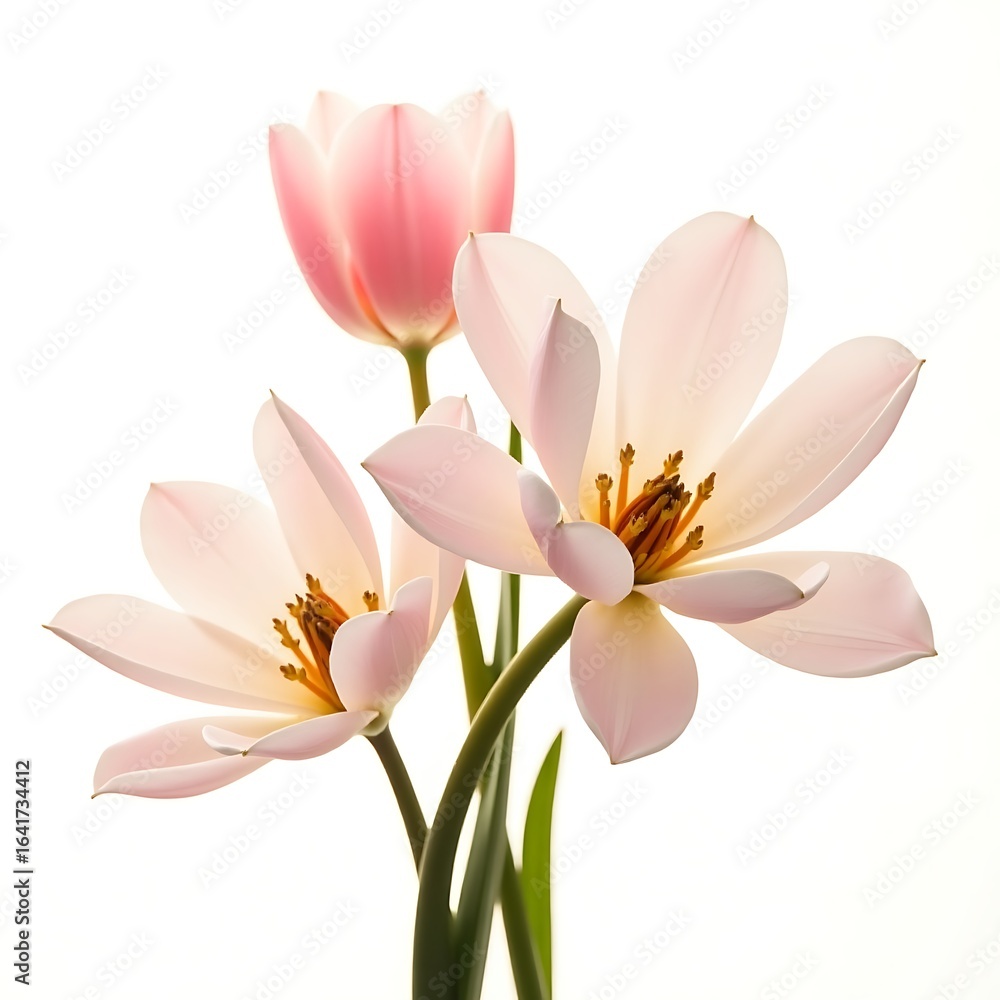 Fototapeta premium Delicate Pink Tulips Against a White Background