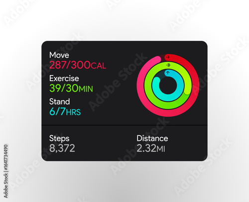 Fitness tracker interface. Sport activity dashboard with progress bar, steps goal and reward. Active healthy life challenge milestone for mobile app. Health statistics Dark UI. Vector illustration.