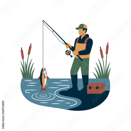Fisherman with caught fish on fishing rod by the water with reeds vector