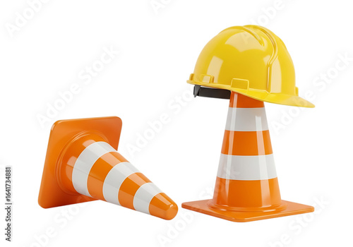 Two orange and white striped traffic cones with a yellow hard hat on one, isolated on transparent background