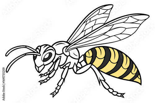 Detailed cartoon illustration of a flying wasp with yellow and black stripes. Aggressive hornet insect mascot vector isolated on white.