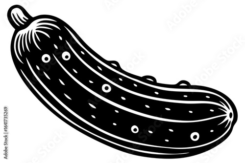 A classic black and white vintage woodcut illustration of a bumpy pickle or gherkin, isolated on a white background.