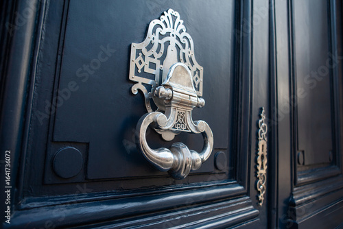 Bronze door knocker on a blue wooden door