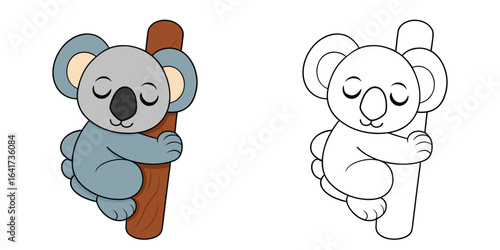 Cuddly Cling the koala hugging a tree trunk with big fluffy ears and sleepy eyes