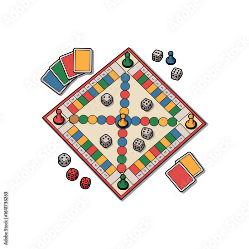 Colorful board game with pawns dice and cards on white background vector