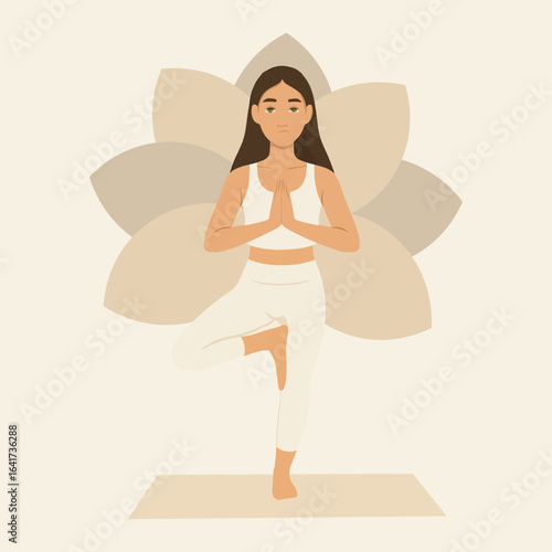 Serene Woman Practicing Yoga in Tree Pose with Lotus Backdrop Illustration for Wellness and Mindfulness Promotion