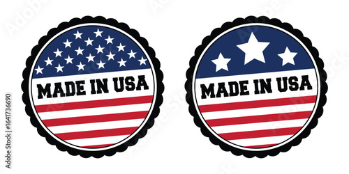 Two circular emblems with the text made in usa and american flag motifs, isolated on a white background