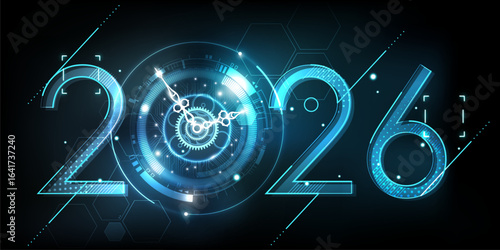Happy New Year 2026 celebration with white light abstract clock on futuristic technology background, countdown concept, Can rotate clock hands, vector illustration