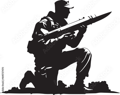 Silhouette of a soldier kneeling with a missile launcher, ready for a combat mission.