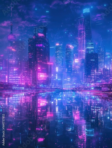 Shanghais neon skyline reflected in the Huangpu River cyberpunk vibes