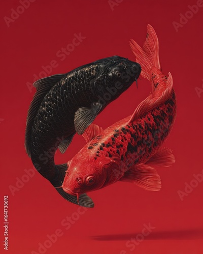 Red and black koi, interlocked arcs side view, engraving style, scarle