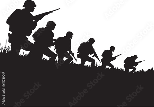  Silhouette of a group of soldiers advancing with weapons in a combat or patrol situation.