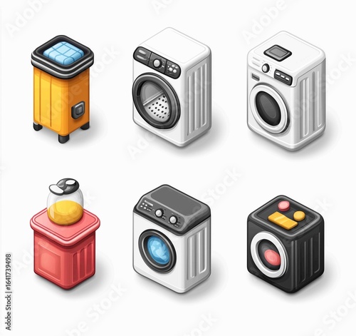 Modern laundry appliances collection with washing machines, dryers, and laundry bins for household tasks in a clean setting