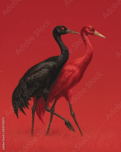 Red and black cranes, walking in reeds left to right, engraving style,