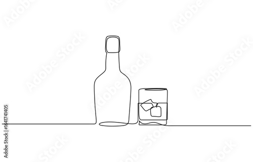 Continuous one line drawing of Bottle and glass of whiskey with ice, Vector illustration. Editable outline