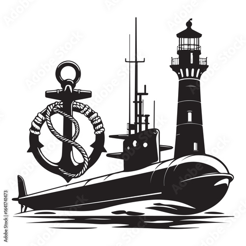 Vector art of submarine with lighthouse and anchor, symbolizing maritime navigation and naval power