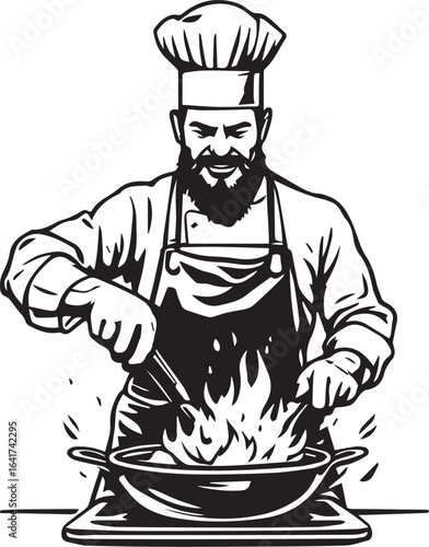 Bearded chef in uniform cooking with a flaming wok on a stove in a vintage art style.