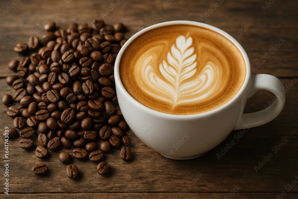 Obraz premium An inviting cup of coffee with a latte art leaf design sits on a wooden table, surrounded by freshly ground beans, symbolizing the perfect start to the day