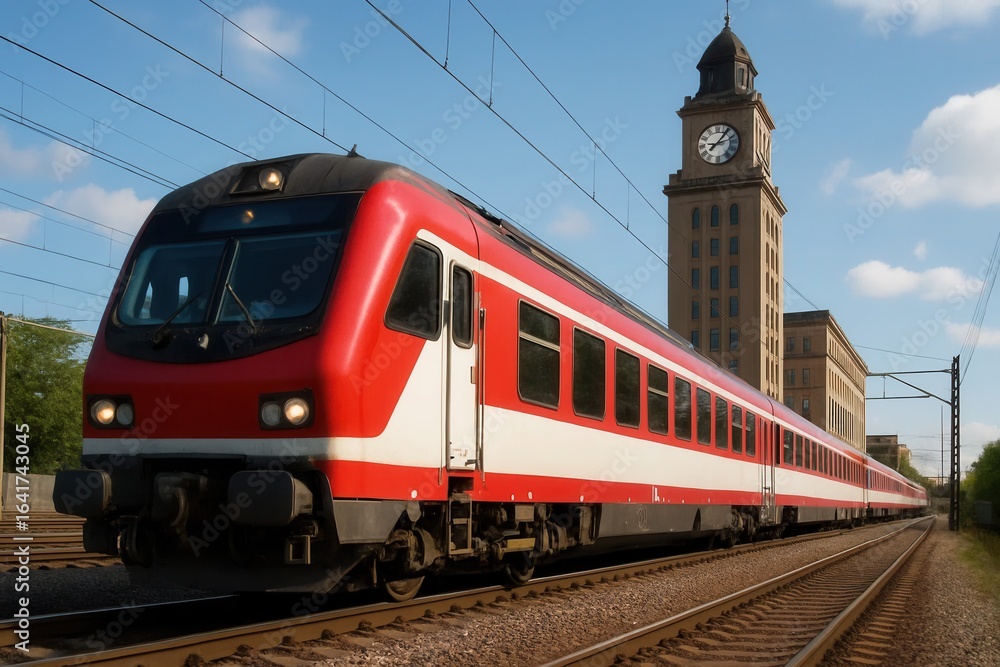 Naklejka premium A red train speeds past a historic clock tower under a clear blue sky