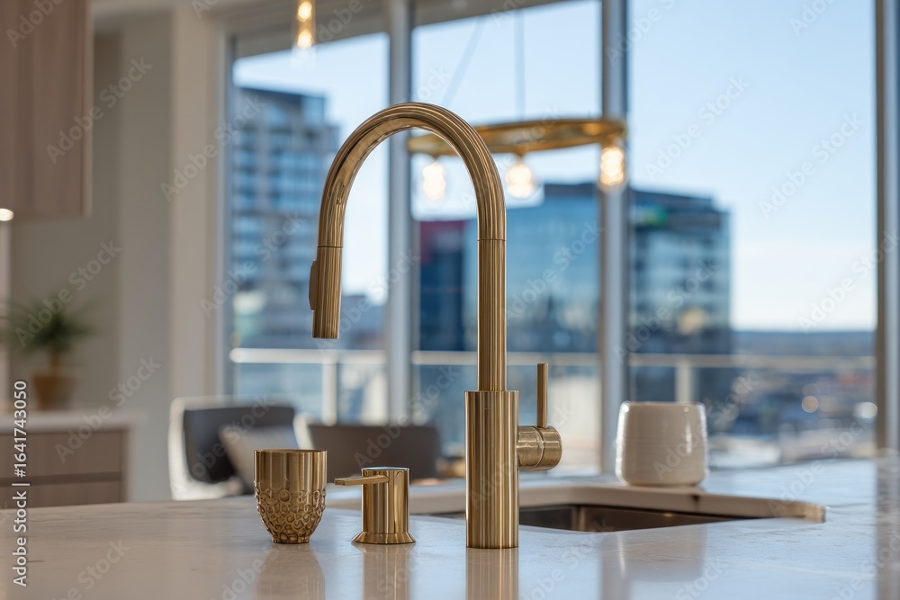 Fototapeta premium Gold faucet on white countertop overlooking city