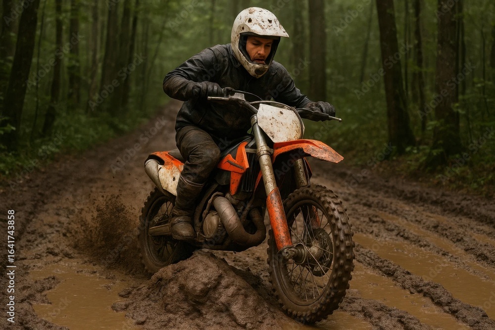 Naklejka premium Riding through the muddy forest on a dirt bike