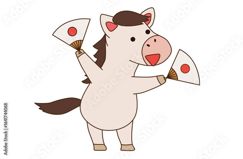馬があっぱれと扇子を両手に持つベクターイラスト
