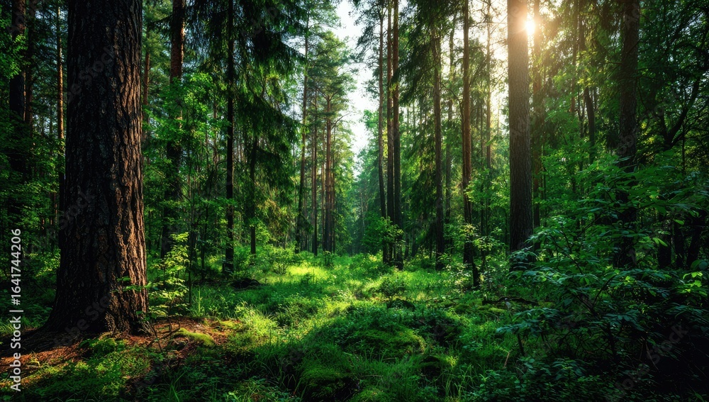 Obraz premium Sunlight streams through a dense forest. Lush green trees and undergrowth create a tranquil woodland scene