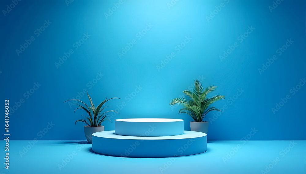 Fototapeta premium Minimalist Blue 3D Podium with Plants – Modern Product Display Background