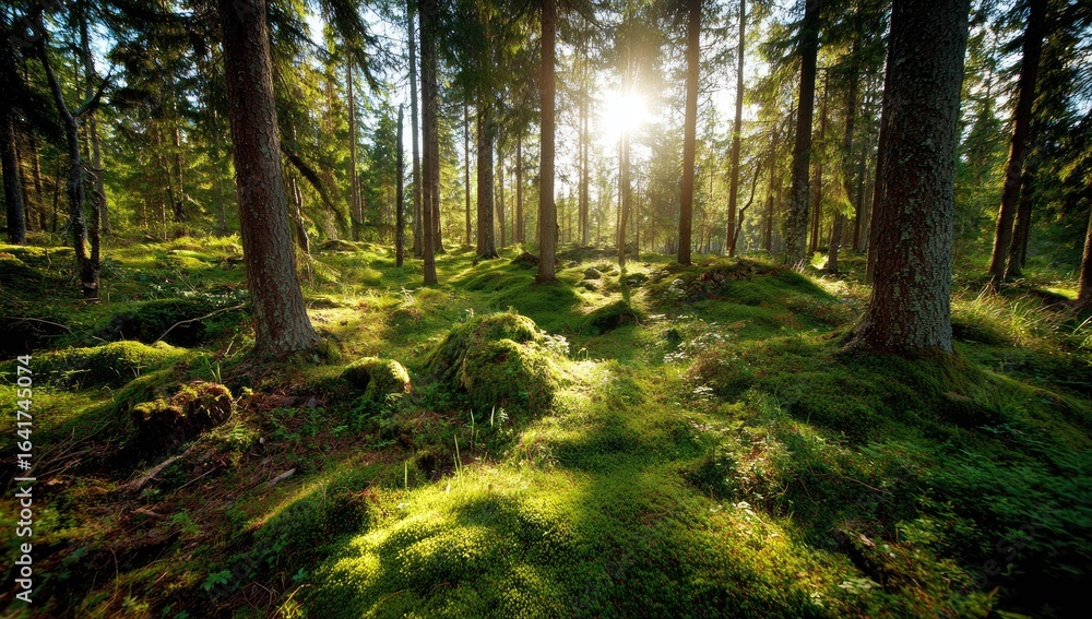 Obraz premium Sunlight streams through a mossy forest