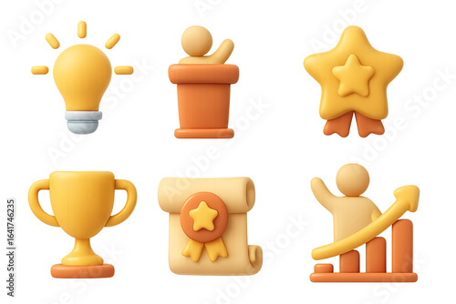 Set of 3d icons: leadership, achievement, and growth in soft pastel tones
